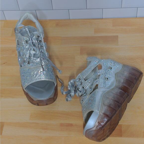 Anthony Wang Platform Sandals Silver Cutout Bedazzled Wedge Y2K 35 (US 4-4.5) - Picture 14 of 14